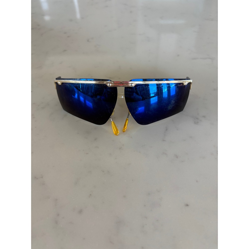 Vintage Blue Mirror Shield Sunglasses Gold Tone Wrap Around 787-1 Taiwan Y2K